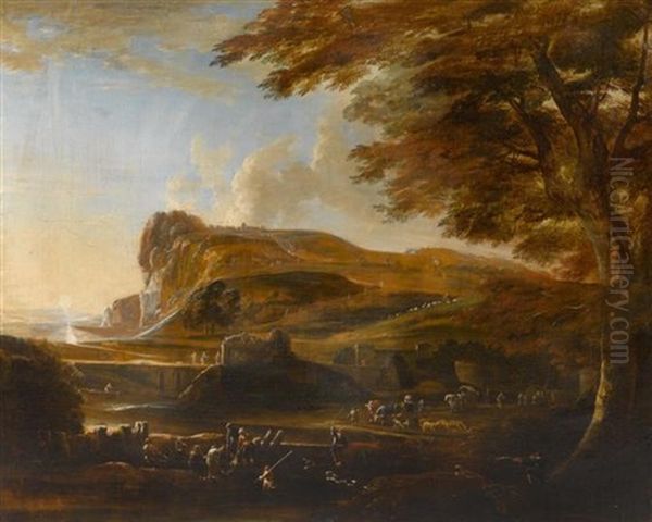 Weite Idyllische Landschaft Mit Hirten, Fischer Und Reisenden - view 1