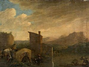 A Landscape With A Fisherman And Drovers With Cattle Crossing A Bridge by Jan Asselijn