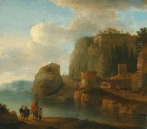 A Rocky River Landscape With Travellers In The Foreground And Ships Beyond by Jan Asselijn