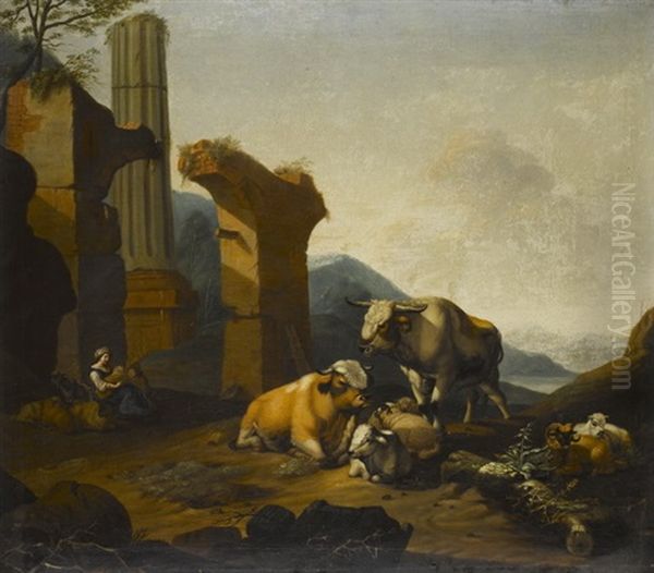 Hirtin Mit Vieh Vor Einer Ruine In Weiter Landschaft - view 1