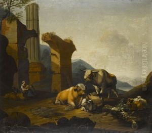 Hirtin Mit Vieh Vor Einer Ruine In Weiter Landschaft by Jan Asselijn