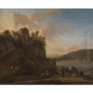 An Italianate River Landscape With Herders On A Path With Their Flock And Donkeys, Classical Ruins On A Hilltop Beyond