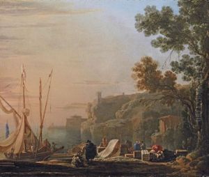 A Mediterranean Coastal Inlet With Merchants Unloading Boats, A Temple Beyond