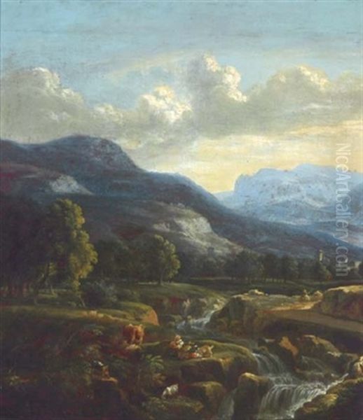 A Wooded River Landscape With Figures By A Waterfall - view 1