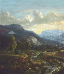 A Wooded River Landscape With Figures By A Waterfall by Jan Asselijn