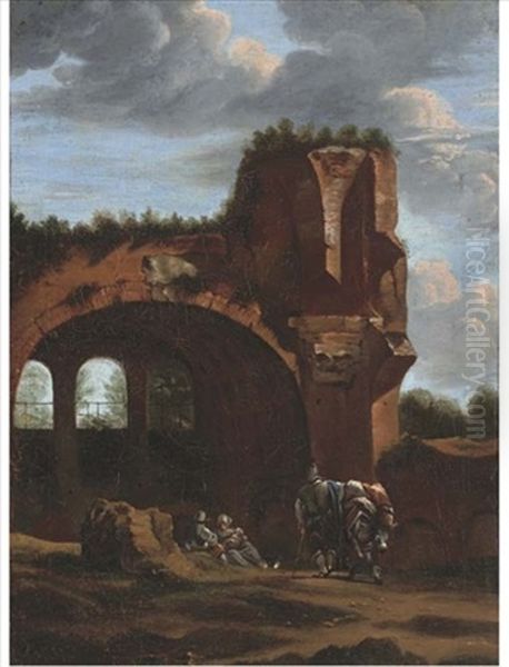 An Italianate Landscape With Travellers At Rest By A Classical Arch by Jan Asselijn