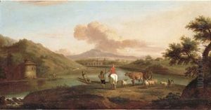 An Extensive Italianate River Landscape With Herdsmen On A Bank And A Man Fishing By A Dwelling by Jan Asselijn