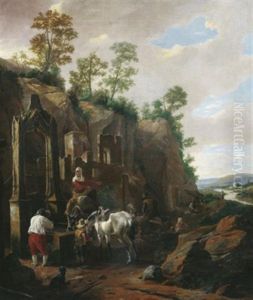 Reisende Bei Der Rast An Einer Alten Ruine. Rechts Blick In Ein Flustal by Jan Asselijn