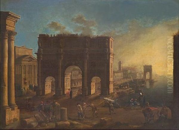 A Capriccio View Of A Mediterranean Harbor With Numerous Figures On A Quay - view 1