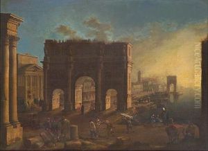 A Capriccio View Of A Mediterranean Harbor With Numerous Figures On A Quay by Jan Asselijn