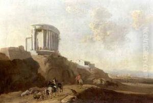 An Italianate Landscape With A Temple Ruin And Horsemen