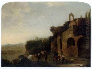 An Italianate River Landscape With A Traveller And Cattle By Classical Ruins by Jan Asselijn