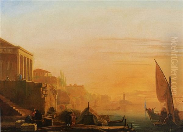 Port Mediterraneen Surplombe Par Un Temple Antique Au Soleil Couchant - view 1