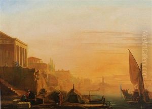Port Mediterraneen Surplombe Par Un Temple Antique Au Soleil Couchant