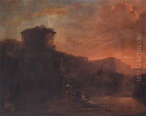 An Italianate Landscape With Travellers And Cattle Crossing A River At Sunset by Jan Asselijn