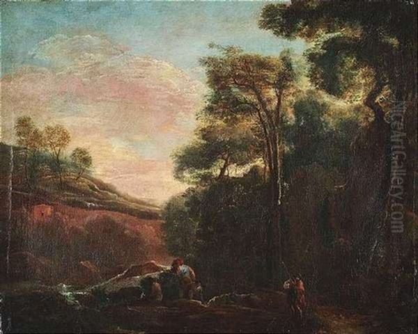 Italianisierende Gebirglandschaft In Abdenstimmung Mit Schafern In Einem Flustal - view 1