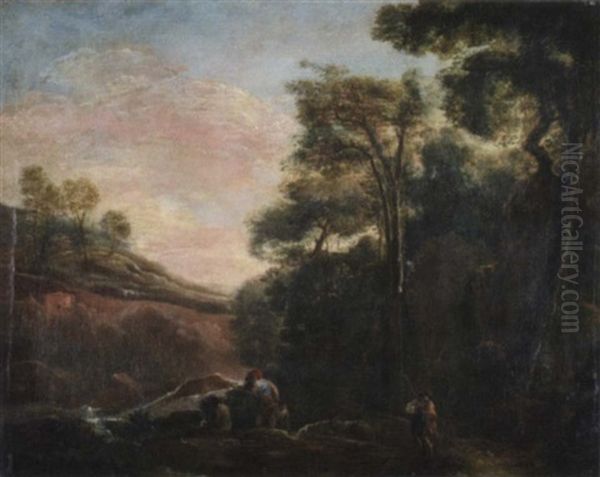 Italianisierende Gebirgslandschaft In Abendstimmung Mit Schafern In Einem Flustal - view 1