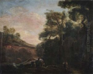 Italianisierende Gebirgslandschaft In Abendstimmung Mit Schafern In Einem Flustal