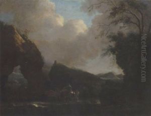 A Southern Landscape With Drovers And Animals Crossing A Stream Near A Rocky Arch by Jan Asselijn