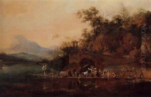 An Extensive River Landscape With A Ferry Being Punted Across A River by Jan Asselijn