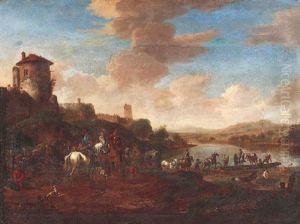 Reisende Beim Ubersetzen In Einem Flustal. Links Eine Festungsanlage by Jan Asselijn