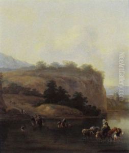 An Italianate Landscape With Muleteers Crossing A River by Jan Asselijn