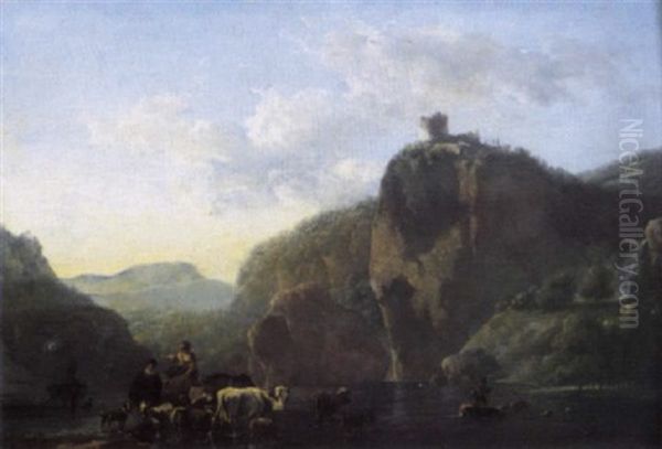 A Mountainous Landscape With Peasants And Their Livestock Crossing A River - view 1