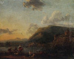 A Mountain Landscape With Figures And Donkeys At A River by Jan Asselijn