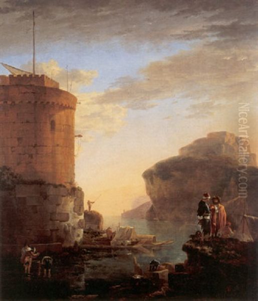 A Mediterranean Coastal View With Shipping And Mariners By A Fort - view 1
