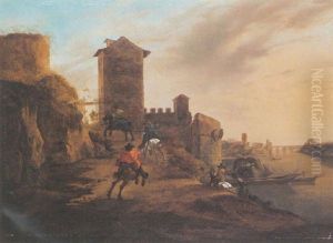 An Italianate Landscape With Horseriders Entering The Torre Lazzaroni, With A View Of The Castel Sant'angelo In The Background by Jan Asselijn
