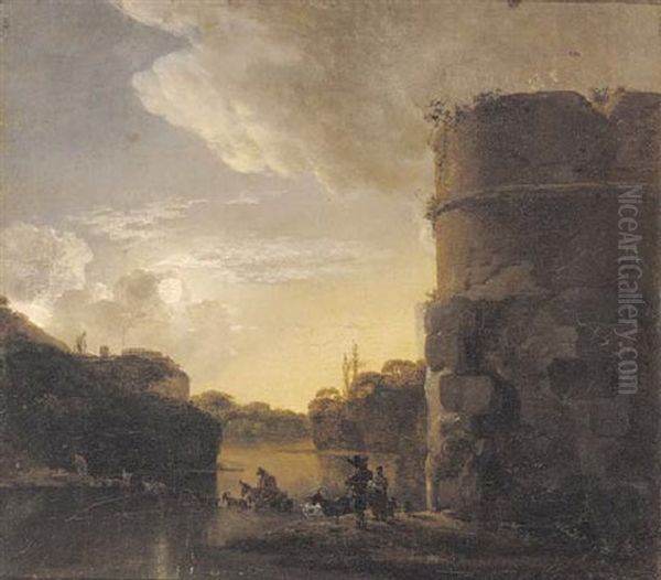A Moonlit Italianate River Landscape With Figures On A Bank Before A Ruined Tower - view 1