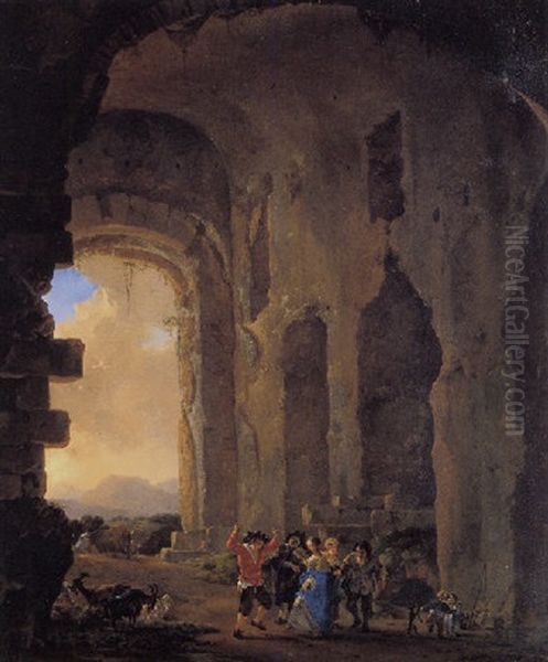 Peasants Merrymaking In A Ruined Building, An Italianate Landscape Beyond - view 1