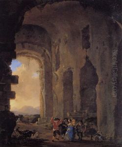 Peasants Merrymaking In A Ruined Building, An Italianate Landscape Beyond by Jan Asselijn