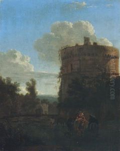 A Hermit On A Donkey And A Man Riding A Horse, Crossing A Ford With Cattle, A Town Beyond