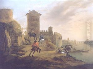 A River Landscape With Horseman Approaching The Walls Of A Town by Jan Asselijn