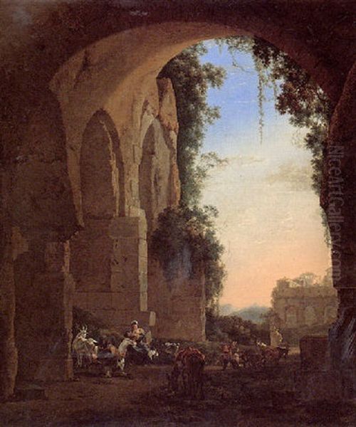 Southern Landscape With Peasants Beneath A Ruined Arch At Dusk - view 1