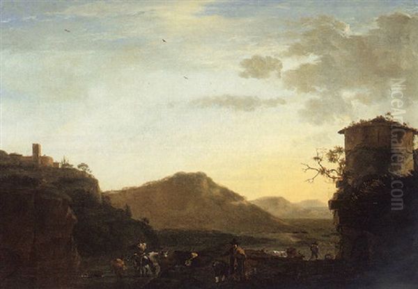 An Italianate Landscape With Herders Watering Their Animals At Sunset In A River By A Ruined Tower - view 1