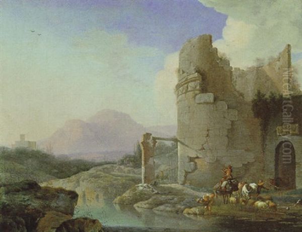 Sudliche Gebirgige Fluslandschaft Mit Turmruine Und Hirten - view 1
