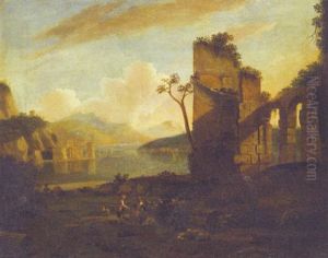 Shepherds And A Muleteer By Classical Ruins, A Lake Beyond by Jan Asselijn
