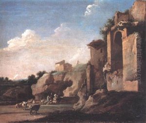 A Rocky Landscape With Cattle And Herdsmen Resting Beneath Antique Ruins