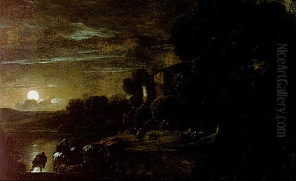 Moonlit Landscape With Herdes And Their Flock Crossing A River - view 1