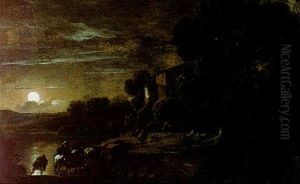 Moonlit Landscape With Herdes And Their Flock Crossing A River by Jan Asselijn