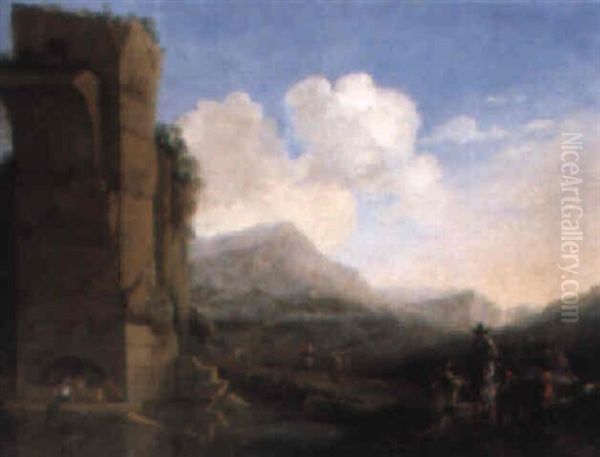 An Italianate Landscape With Travellers Resting By A Pond By Ruins - view 1