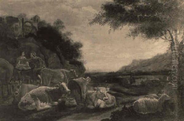 Figures And Farm Animals In A Landscape With Classical Ruins - view 1