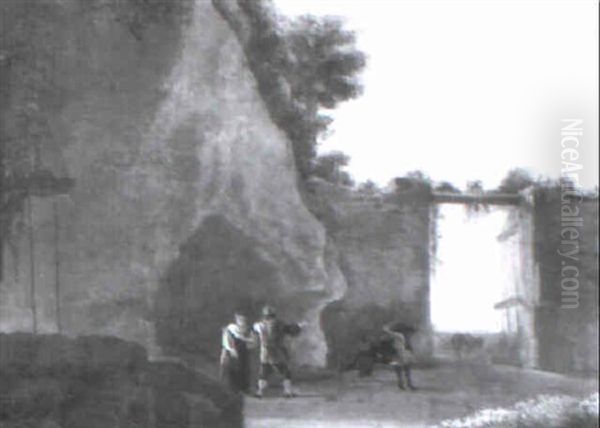 Peasants By A Fountain In A Courtyard With A Bucking Donkey - view 1