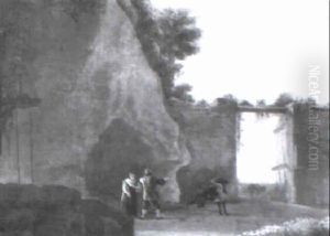 Peasants By A Fountain In A Courtyard With A Bucking Donkey by Jan Asselijn