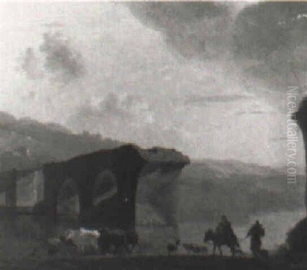 River Landscape With Cattle By A Bridge - view 1