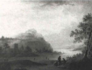 Mountainous Landscape, With Figures In Front Of A Lake by Jan Asselijn