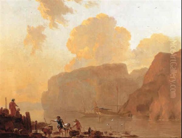 A Mediterranean Coastal Inlet At Sunset With Fishermen At The Shore - view 1