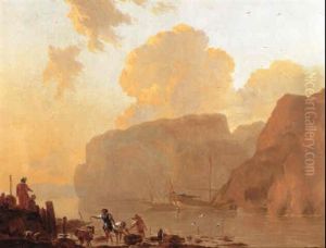 A Mediterranean Coastal Inlet At Sunset With Fishermen At The Shore by Jan Asselijn